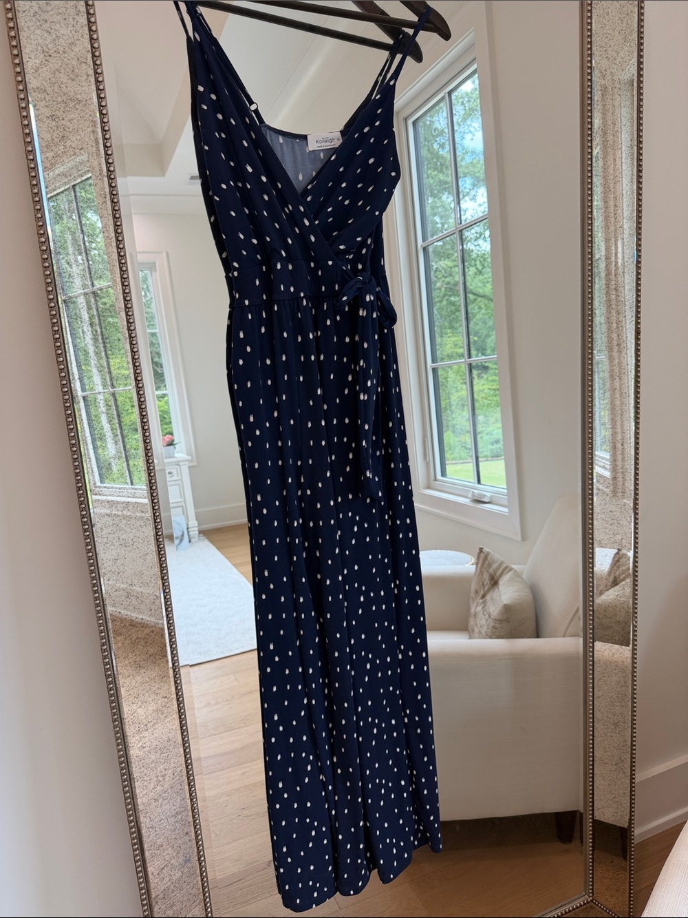 Kaileigh Navy Blue Polka Dot Wrap Jumpsuit